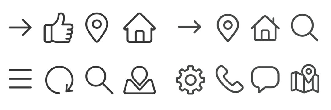 Icons representing different digital actions and locations in a minimalistic style suitable for user interface design