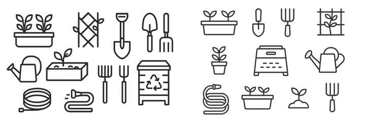 Gardening tools and supplies arranged in a clean, organized layout for outdoor planting and care activities