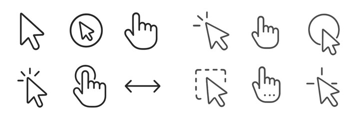 Different types of cursor icons representing pointer actions in a user interface design layout