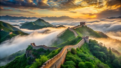 Ancient Chinese Village with Traditional Pagoda Roofs and Misty Mountains at Dawn