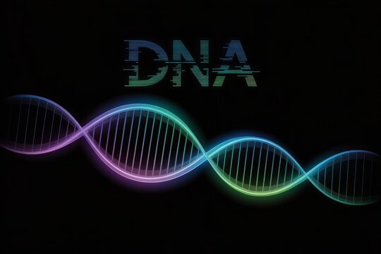 Glowing D N A helix with glitch text genetic science - Powered by Adobe