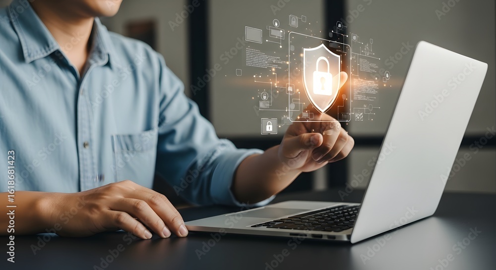 Poster cyber security expert using laptop for data protection and privacy with shield lock icon app