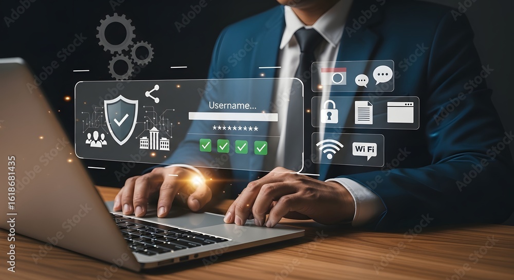 Aufkleber cybersecurity data protection and privacy concept businessman using laptop for secure access