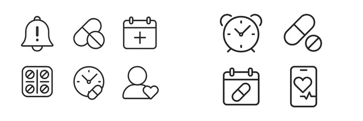 Health management icons for reminders, schedules, and medication tracking in a modern digital layout