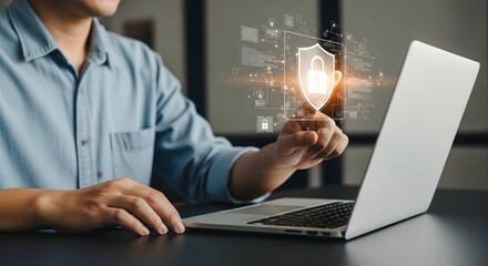 Cyber security expert using laptop for data protection and privacy with shield lock icon app