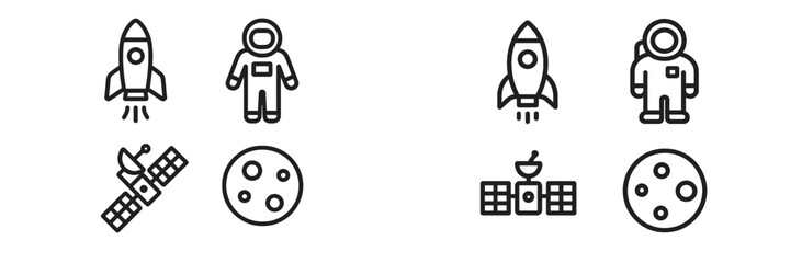 Rocket and astronaut icons showcasing space exploration themes with satellites and moons in a minimalist design