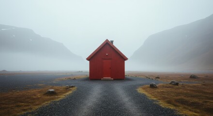 Red Cabin in Misty Mountain Landscape