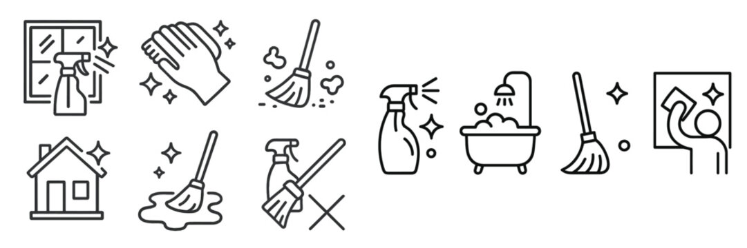 Cleaning symbols and icons demonstrating home cleaning tasks and products for household chores and maintenance