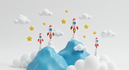 Rocket Launch to Success: Cartoon Illustration with Clouds and Stars