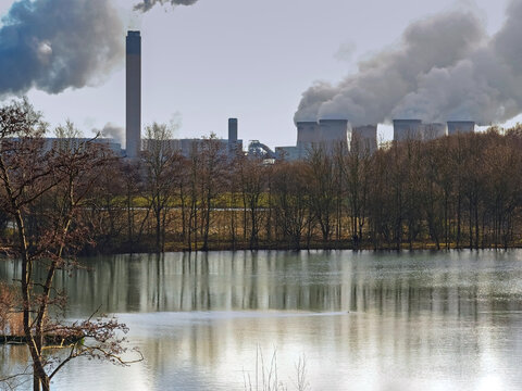 Cooling towers and chimneys at Drax Power Station, England