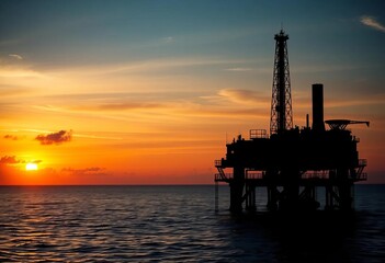 Obraz premium Silhouetted figures on an offshore oil rig at sunrise, dramatic sky, gas, silhouette workers