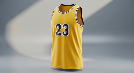 Bright yellow sleeveless basketball jersey with the number twenty-three on a gray background