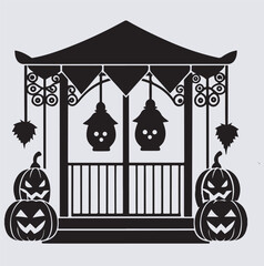 porch with pumpkins and lanterns silhouette vector art illustration
