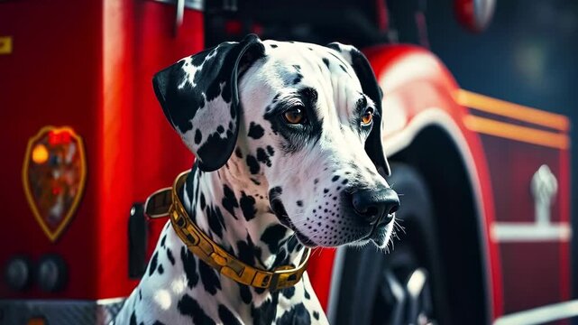 A dalmatian dog sitting in front of a fire truck
