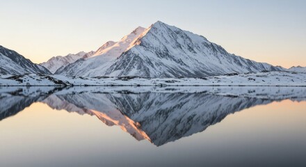 Snow-capped Mountain Reflected in Calm Lake at Sunrise