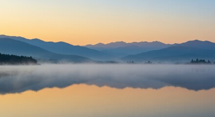 Serene Mountain Lake at Sunrise with Fog and Reflections