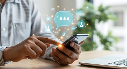 Man using mobile phone for social media and communication with message icons overlayed image