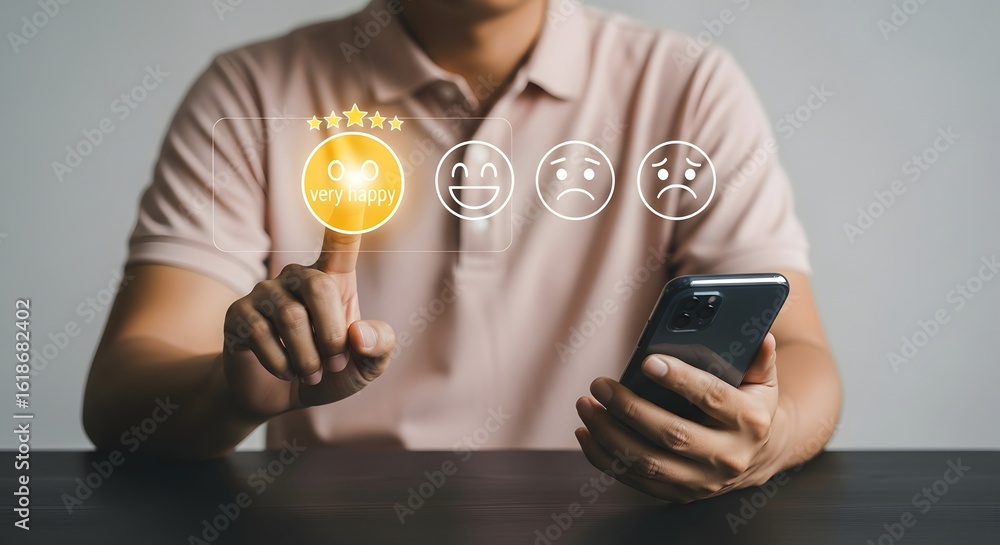Poster online customer experience survey and feedback form on smartphone with rating stars ui design