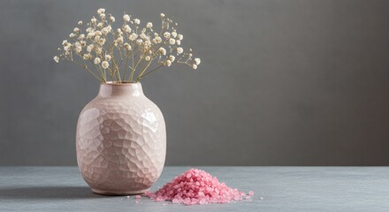 Spa Still Life: Pink Himalayan Salt, Vase with Flowers, Relaxation and Wellness Concept