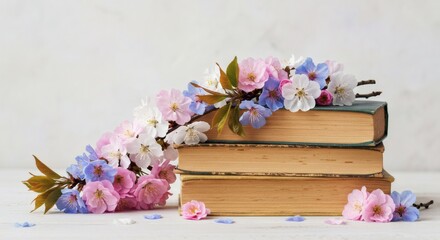 Stack of Vintage Books with Cherry Blossoms - Springtime Reading and Education Concept