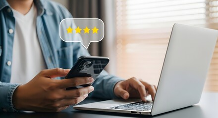 Online customer reviews and ratings management for business reputation on smartphone laptop