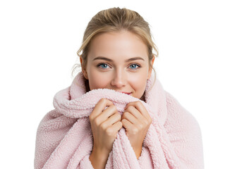 Young woman wrapped in a cozy pink scarf smiling gently with her face partially hidden by the soft fabric isolated on transparent background