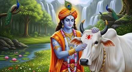 Krishna with cow hindu god illustration digital art wallpaper krishna janmashtami images