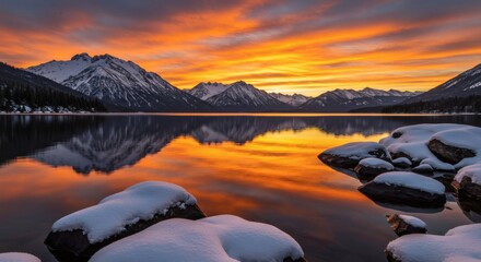 Sunset over Snowy Mountains and Lake Reflection