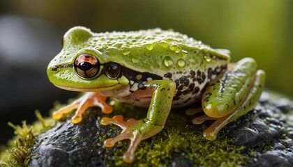 Vibrant Green Tree Frog with Water Droplets on a Mossy Rock