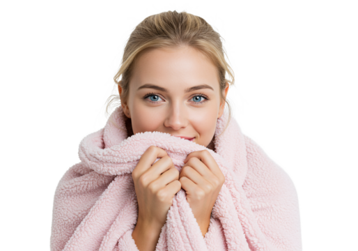 Young woman wrapped in a cozy pink scarf smiling gently with her face partially hidden by the soft fabric isolated on transparent background - Powered by Adobe
