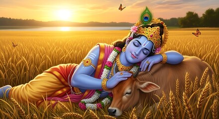 Lord krishna sleeping on cow in golden wheat field hindu deity krishna janmashtami image