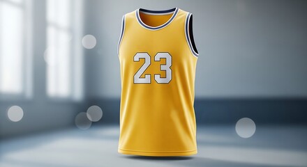 A yellow basketball jersey with the number twenty-three displayed in a modern, clean, bright studio