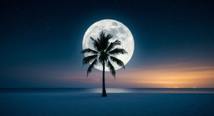 Tropical Beach at Night with Palm Tree, Full Moon and Stars