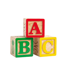 Three colorful wooden alphabet blocks spelling abc stacked in a pyramid shape isolated on transparent background