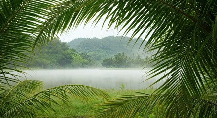 Tropical Lakeside Landscape Framed by Palm Fronds