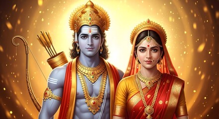 Lord rama and sita illustration for ram navami festival hindu god digital art india culture