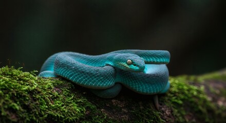 Vibrant Blue Snake Resting on a Mossy Log