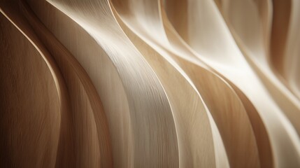 Close-up of smooth, wavy wooden surface with light reflections. The wood grain shows natural patterns and textures, creating an organic feel.