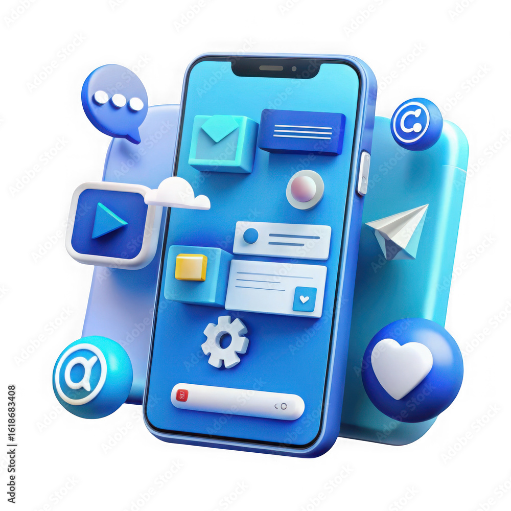 Poster modern 3d smartphone with app icons and social media elements isolated on transparent background