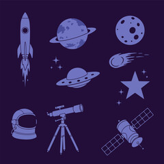 Vector art of a collection of spacethemed icons including a rocket, planets, moon, ufo, astronaut helmet, telescope, and satellite