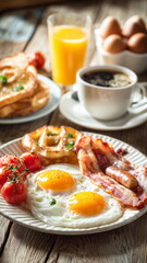 American big breakfast set on the wooden table, morning sunlight. Bacon, egg, toast bread, cherry tomato, coffee.