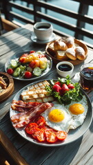 American big breakfast set on the wooden table, morning sunlight. Bacon, egg, toast bread, cherry tomato, coffee.