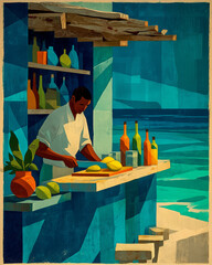 A bartender slices fresh fruit at a sunny beach bar. A vibrant, retro-style illustration capturing a tropical vacation and seaside relaxation vibe.