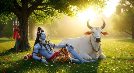 Lord shiva relaxing with nandi bull in nature hindu god shiva wallpaper shiva image hd