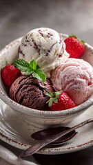 Chocolate, vanila, strawberry ice-cream scoop in a small beautiful bowl.