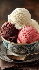 Chocolate, vanila, strawberry ice-cream scoop in a small beautiful bowl.