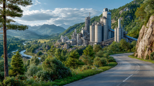 In the tranquil morning light, a cement factory stands tall with its silos and dust control systems visible against a backdrop of quarry slopes and lush greenery, symbolizing industrial progress