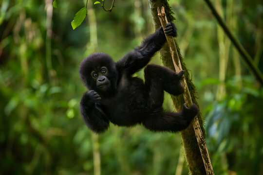 Playful Baby Gorilla Hanging from Tree Branch in Dense Green Forest with Natural Wildlife Setting - Powered by Adobe