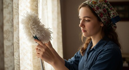 Young Woman Cleaning Windows at Home