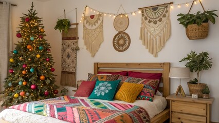 Boho Bedroom with Ethnic Pillows and Handmade Christmas Tree